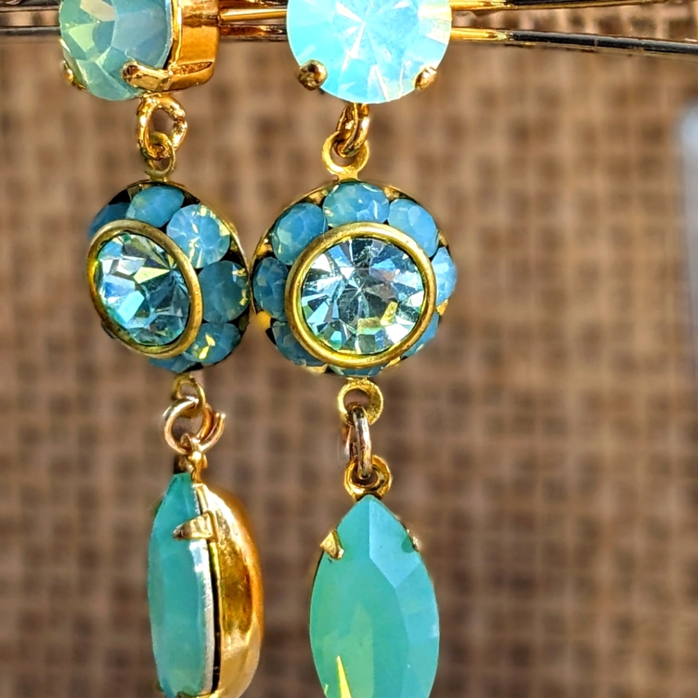 Green Mint Pacific Opal Swarovski Crystal in Long Drop Earrings in Yellow Gold - Picture 5 of 6